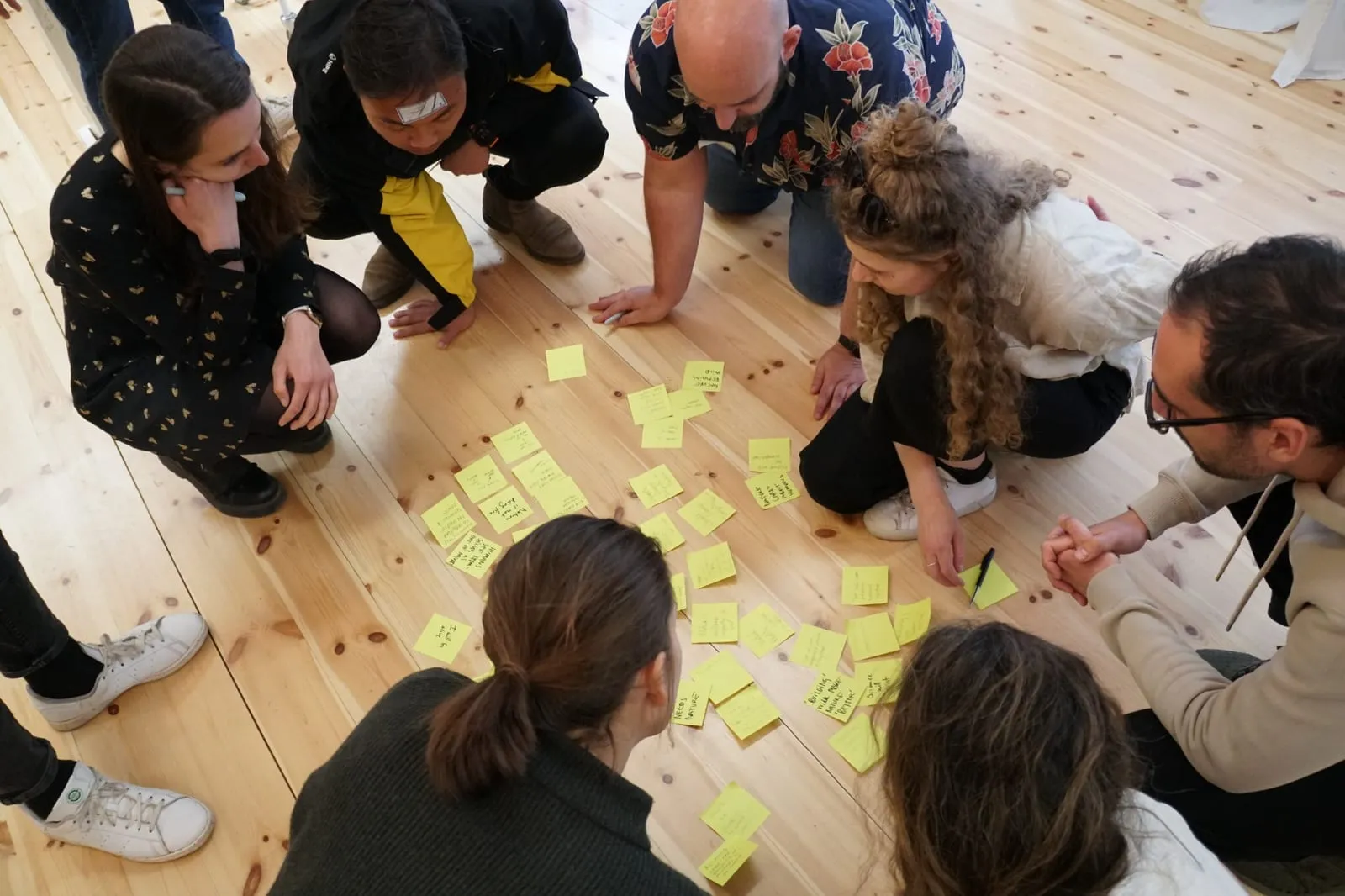 Workshop-Teilnehmende sortieren gemeinsam Notizzettel auf dem Boden